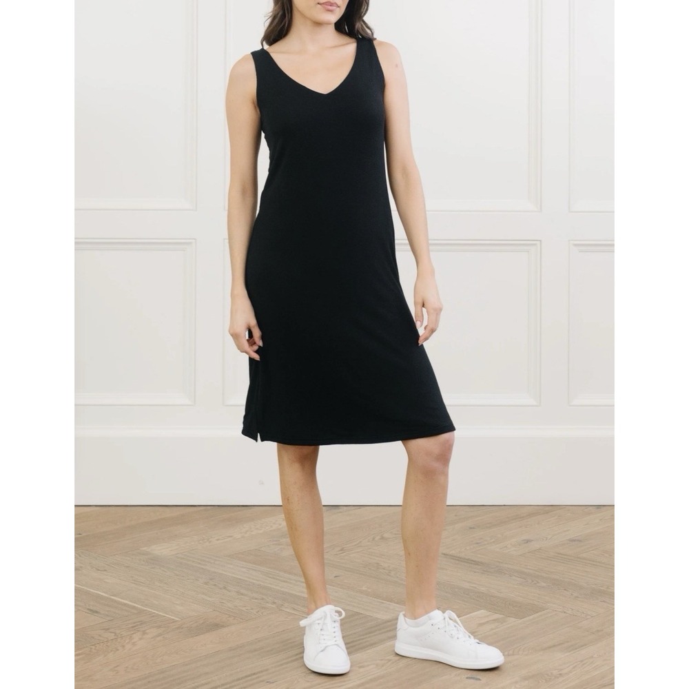 Cozy Earth Bamboo Rib-Knit V-Neck Tank Lounge Dress M Black Comfort Casual Boho